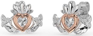 Diamond White Rose Gold Celtic Claddagh Trinity Knot Stud Earrings