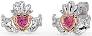 Pink Tourmaline White Rose Gold Celtic Claddagh Trinity Knot Stud Earrings