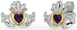 Alexandrite White Yellow Gold Celtic Claddagh Trinity Knot Stud Earrings