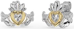 Diamond White Yellow Gold Celtic Claddagh Trinity Knot Stud Earrings