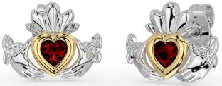 Garnet White Yellow Gold Celtic Claddagh Trinity Knot Stud Earrings