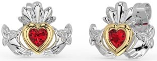 Ruby White Yellow Gold Celtic Claddagh Trinity Knot Stud Earrings