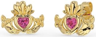 Pink Tourmaline Gold Celtic Claddagh Trinity Knot Stud Earrings