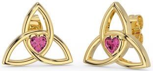 Pink Tourmaline Gold Silver Celtic Trinity Knot Stud Earrings