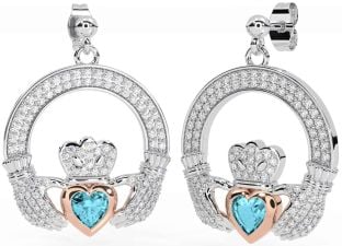 Diamante Acquamarina Rosa Oro Argento Claddagh Penzolare Orecchini