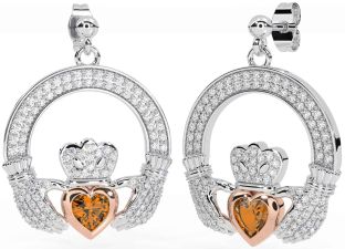 Diamond Citrine Rose Gold Silver Claddagh Dangle Earrings