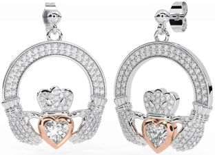 Diamond Rose Gold Silver Claddagh Dangle Earrings