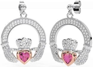 Diamant Lyserød Turmalin Rosa Guld Sølv Claddagh Dingle Øreringe