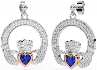 Diamond Sapphire Rose Gold Silver Claddagh Dangle Earrings