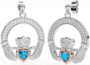 Diamond Topaz Rose Gold Silver Claddagh Dangle Earrings