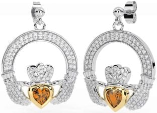 Diamant Citrin Gold Silber Claddagh Baumeln Ohrringe