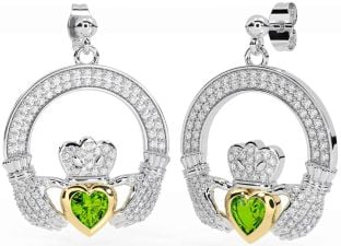 Diamond Peridot Gold Silver Claddagh Dangle Earrings