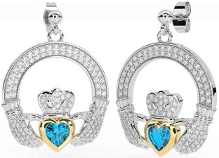 Diamante Topazio Oro Argento Claddagh Penzolare Orecchini