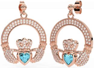 Diamond Aquamarine Rose Gold Silver Claddagh Dangle Earrings
