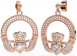 Diamond Rose Gold Silver Claddagh Dangle Earrings