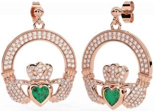Diamond Emerald Rose Gold Silver Claddagh Dangle Earrings