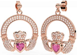 Diamante Rosa Tormalina Rosa Oro Argento Claddagh Penzolare Orecchini