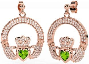 Diamond Peridot Rose Gold Silver Claddagh Dangle Earrings