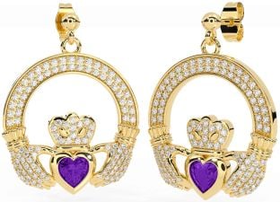 Diamond Amethyst Gold Silver Claddagh Dangle Earrings