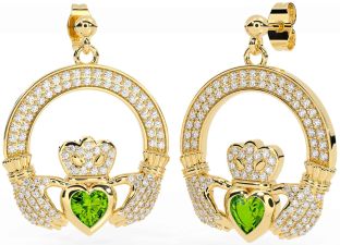Diamond Peridot Gold Silver Claddagh Dangle Earrings