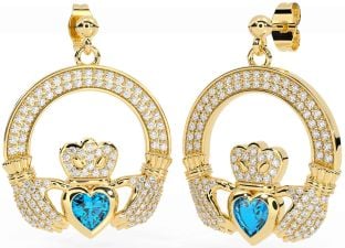 Diamond Topaz Gold Silver Claddagh Dangle Earrings