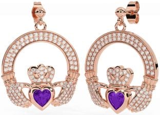 Diamond Amethyst Rose Gold Claddagh Dangle Earrings