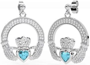 Diamant Aquamarin Silber Claddagh Baumeln Ohrringe