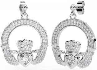 Diamond Silver Claddagh Dangle Earrings