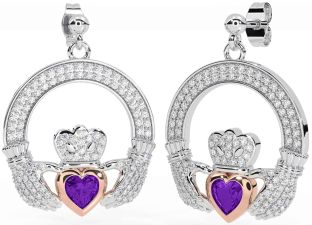 Diamante Ametista Rosa Ouro Prata Claddagh Pendurar Brincos