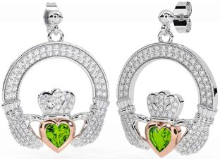 Diamond Peridot Rose Gold Silver Claddagh Dangle Earrings