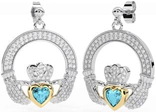 Diamond Aquamarine Gold Silver Claddagh Dangle Earrings