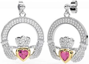 Diamant Rose Tourmalines Or Argent Claddagh Pendre Des boucles d'oreilles