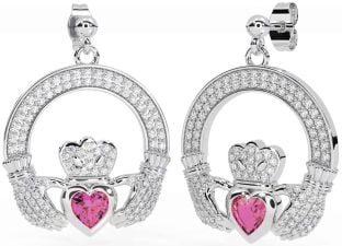 Diamond Pink Tourmaline White Gold Claddagh Dangle Earrings
