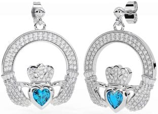 Diamante Topacio Blanco Oro Claddagh Colgar Pendientes