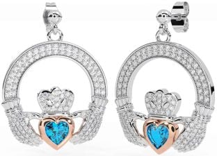 Diamant Topaas Wit Roos Goud Claddagh Bengelen Oorbellen