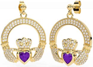 Diamond Amethyst Gold Claddagh Dangle Earrings