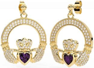 Diamond Alexandrite Gold Claddagh Dangle Earrings