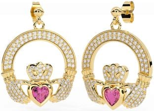 Diamond Pink Tourmaline Gold Claddagh Dangle Earrings