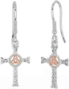 Rose Gold Silver Celtic Cross Trinity Knot Dangle Earrings