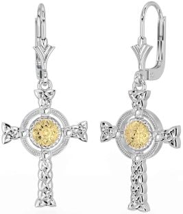 Blanc Jaune Or celtique Croix Guerrier Trinité Noeud Pendre Des boucles d'oreilles