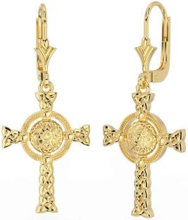 Gold Celtic Cross Warrior Trinity Knot Dangle Earrings