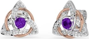 Diamond Amethyst Rose Gold Silver Celtic Trinity Knot Stud Earrings