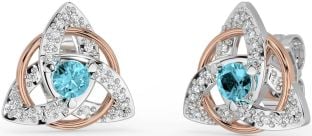 Diamond Aquamarine Rose Gold Silver Celtic Trinity Knot Stud Earrings