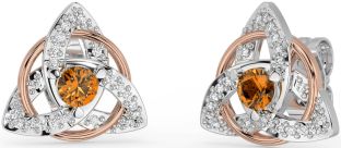 Diamond Citrine Rose Gold Silver Celtic Trinity Knot Stud Earrings