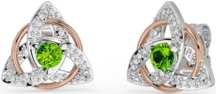 Diamond Peridot Rose Gold Silver Celtic Trinity Knot Stud Earrings