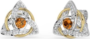 Diamond Citrine Gold Stud cu nod celtic Trinity argintiu Cercei