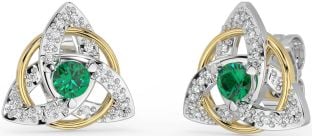 Diamond Emerald Gold Silver Celtic Trinity Knot Stud Earrings