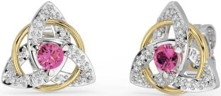 Diamond Pink Tourmaline Gold Silver Celtic Trinity Knot Stud Earrings