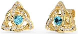 Diamond Aquamarine Gold Silver Celtic Trinity Knot Stud Earrings