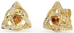 Diamond Citrine Gold Stud cu nod celtic Trinity argintiu Cercei